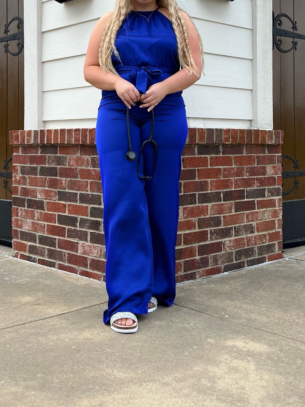 Royal Blue Halter Wide Leg Jumpsuit | Sleeveless Tie Neck |